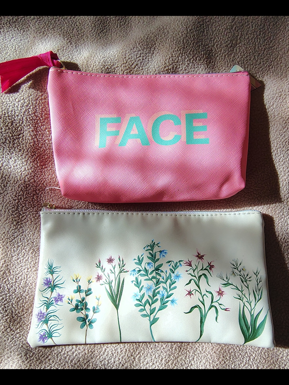 Pink 'FACE' Cosmetic Pouch & Floral White Makeup Bag Set